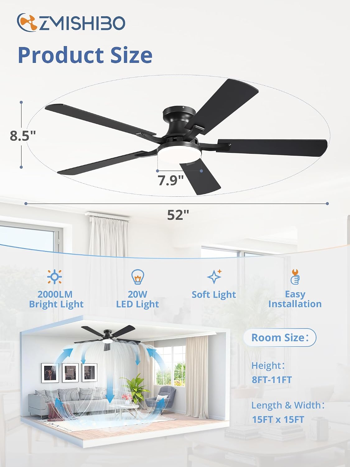ZMISHIBO 52 Inch Ceiling Fans with Lights, Remote&App Control, Flush Mount