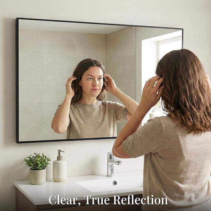 48''x30'' Black Bathroom Mirror, Large Metal Framed Vanity Mi...