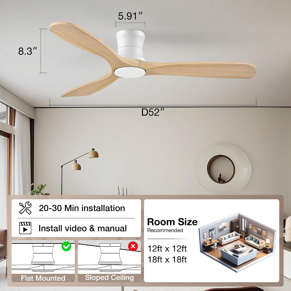 52" Wood Low Profile Ceiling Fans with Lights Remote,Flush Mount,Smart