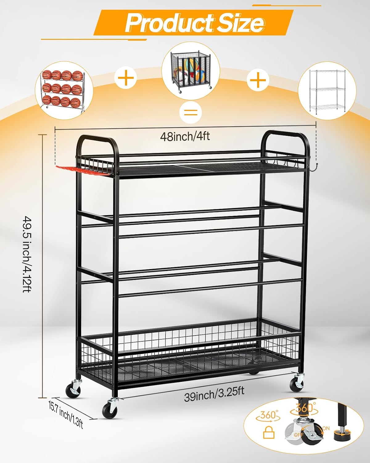 Garage Sports Equipment Organizer - Rolling Ball Storage with Wheels