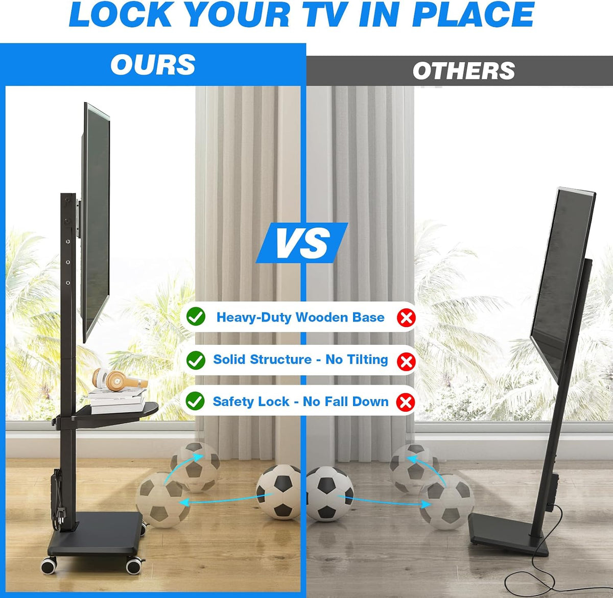 Rfiver Rolling TV Stand 32-75 Inch with Power Outlet and Shelf, Black