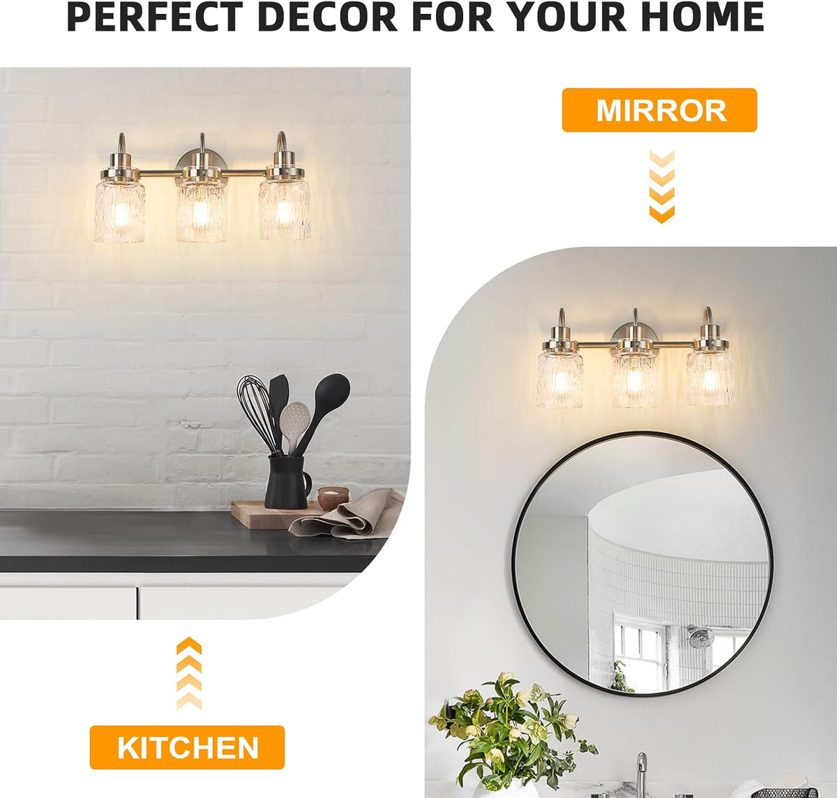3 Lights Hammered Glass Bathroom Vanity Light,Brushed Nickel