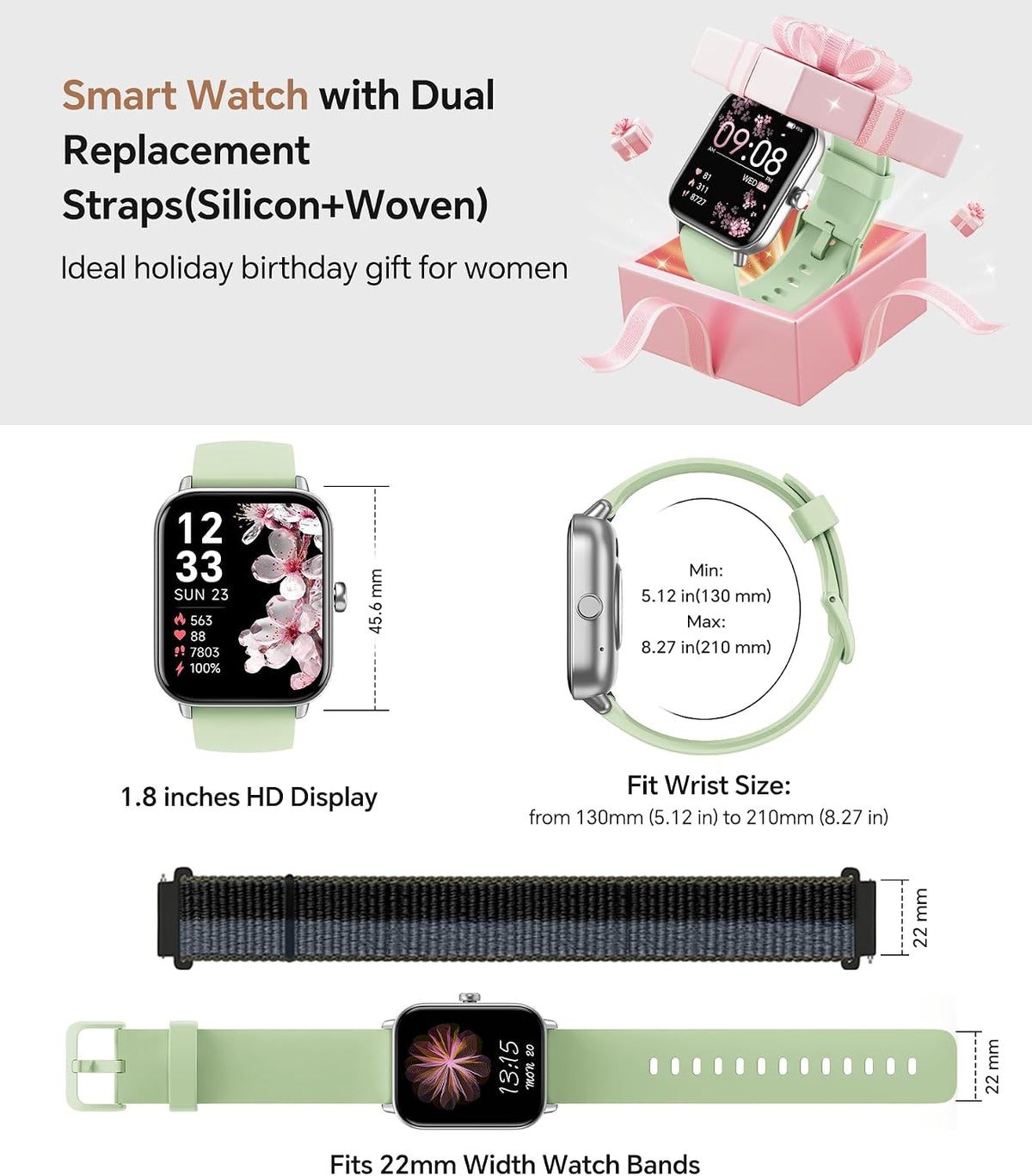 Quican Smart Watch for Women Men, Fitness Tracker iOS Android, Light Green