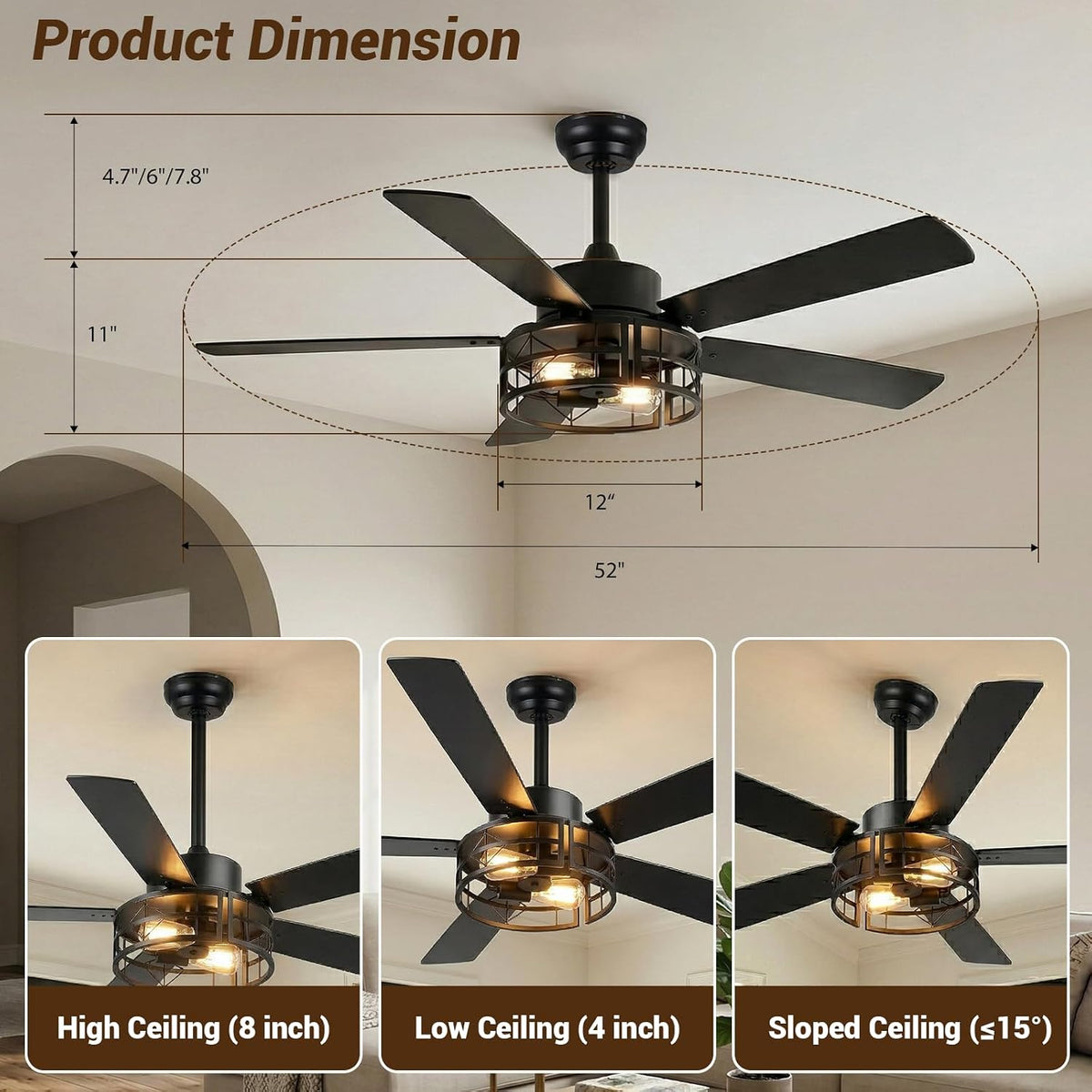 TCL 52" Black Caged Flush Mount Ceiling Fan with Light & Remote