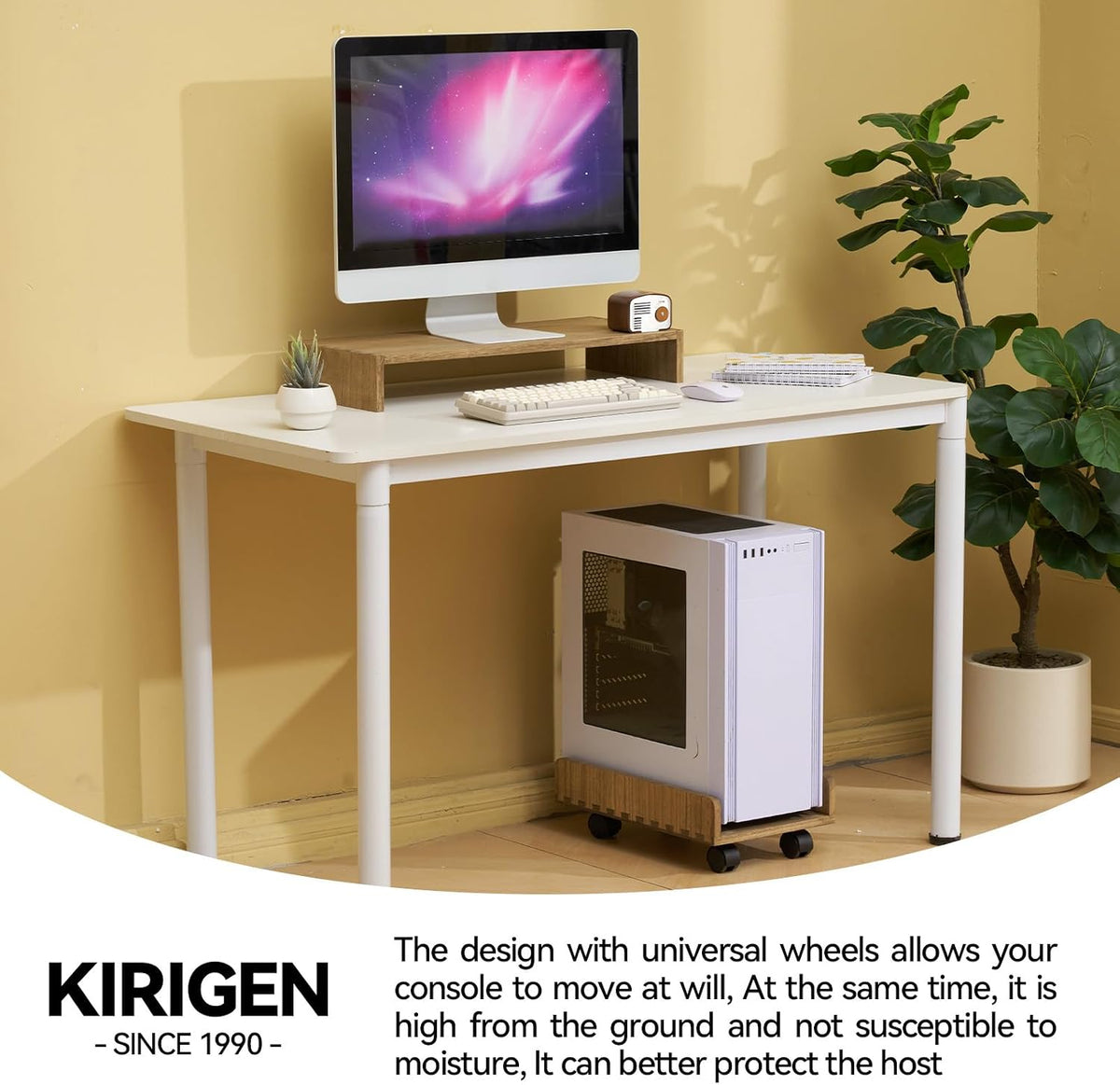 KIRIGEN Wood Computer Tower Stand with Wheels, Rolling PC Cart, Brown
