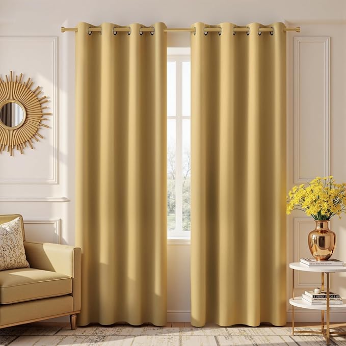 KOUFALL 90 Inch Long Gold Grommet Curtains