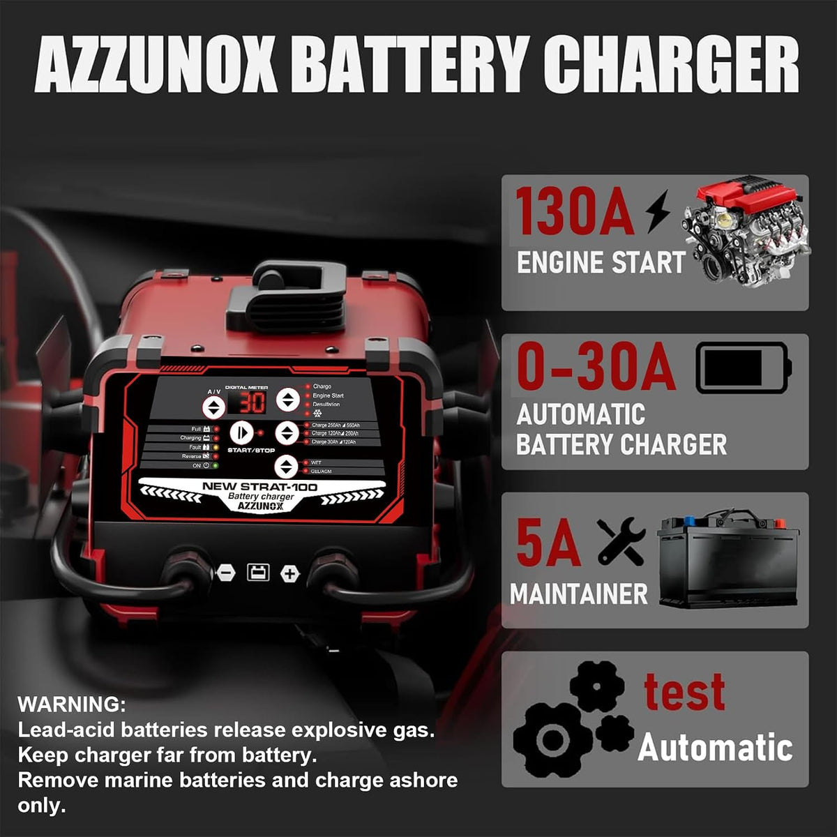 12V/24V Car Battery Charger Maintainer, Max 30A Fast Charging