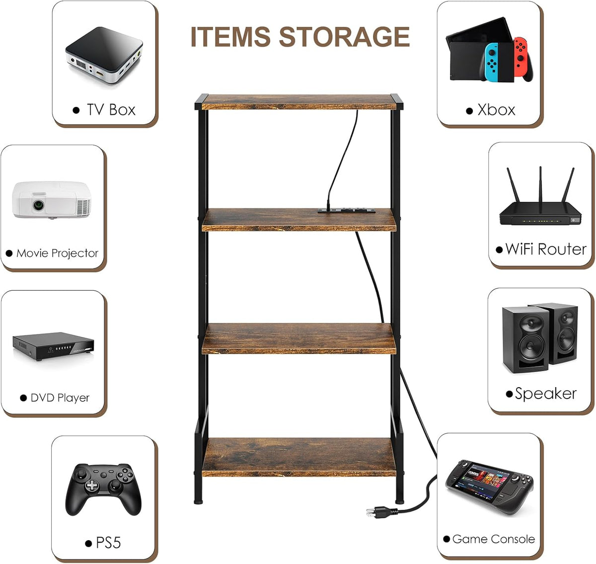 Arbuxzuy 4-Tier AV Media Stand with Power Outlet & LED Lights