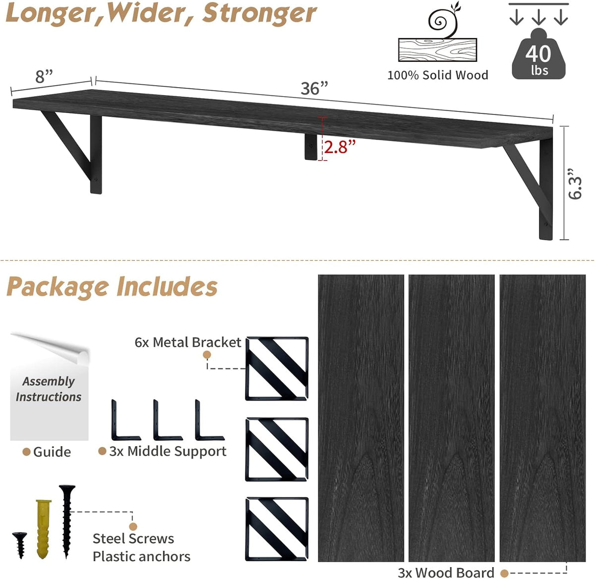 36 Inch Long Floating Shelves 8" Deep, Large Wall Shelf for Bedroom Books