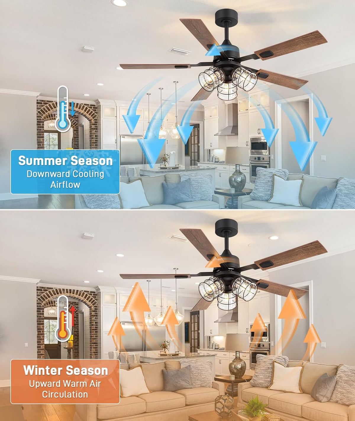 ZYD 52 Inch Farmhouse Ceiling Fan with Lights, Rustic Wood Fan with Remote