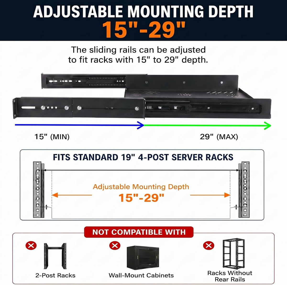 1 Pcs 1u Sliding Rack Shelf, Adjustable Mounting 15-29 Inch Depth