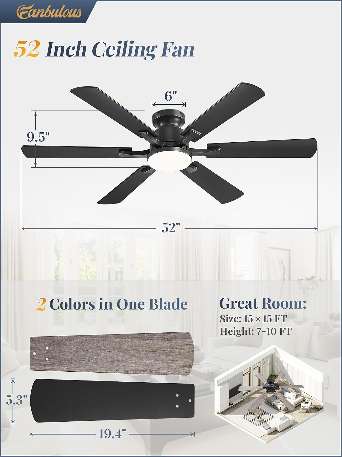 Fanbulous 52 Inch Flush Mount Ceiling Fan with 3000-6000K Dimmable Lights