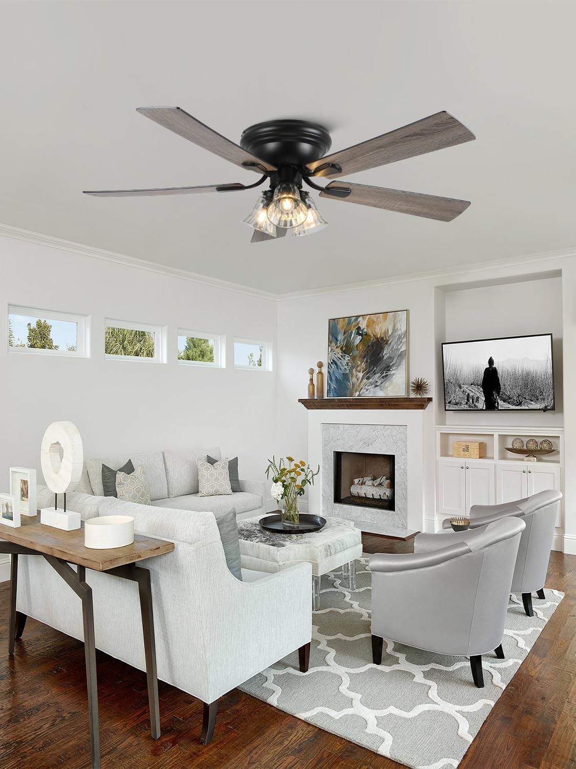 52 Inch Vintage Flush Mount Ceiling Fan with Lights and Remote