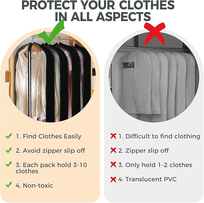 6 Pcs 60" Garment Bags for Hanging Clothes, Garment Bags Shoulder Covers