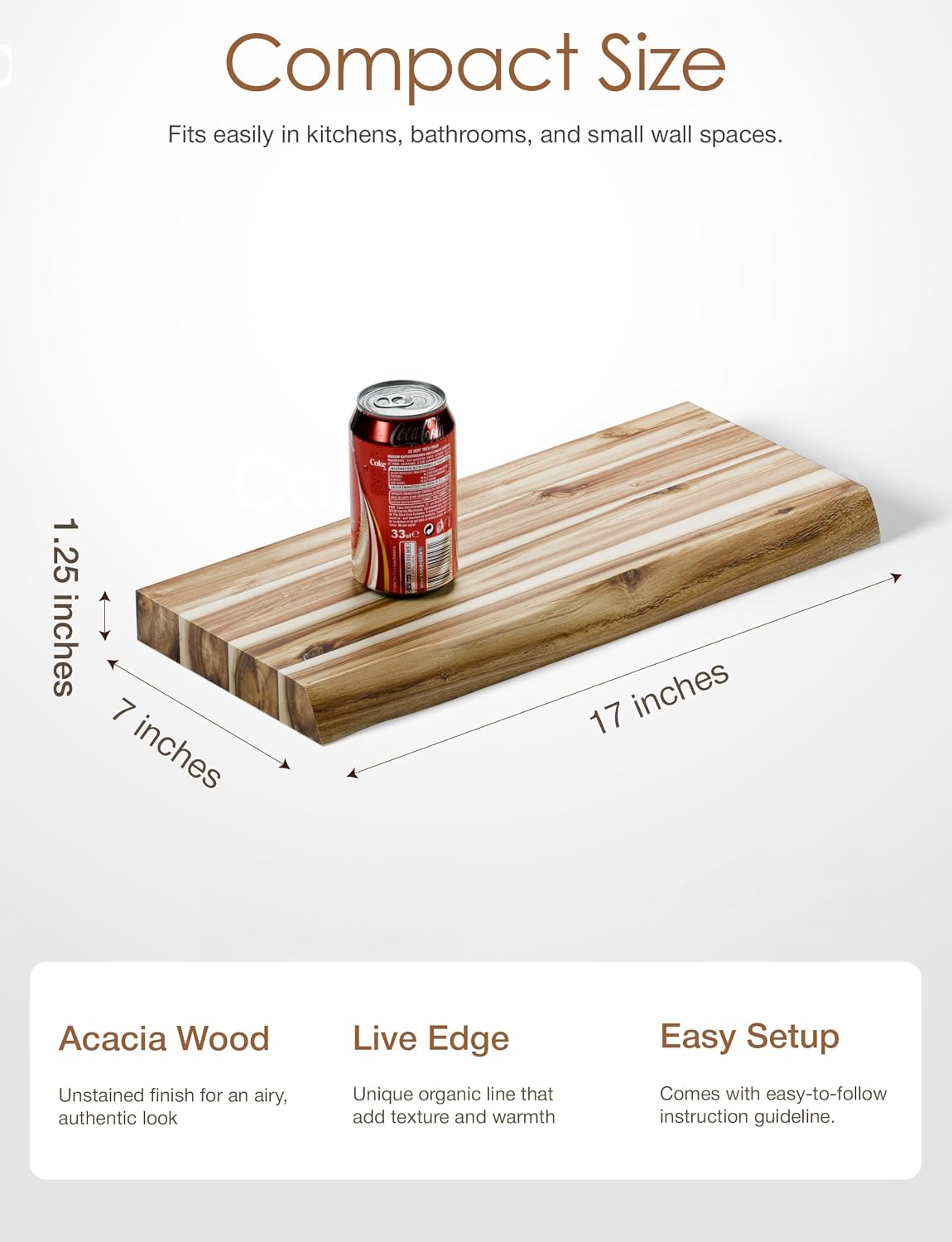 BATODA Acacia Live Edge Floating Shelves, Wall Mounted, 17", Set of 2 Pcs