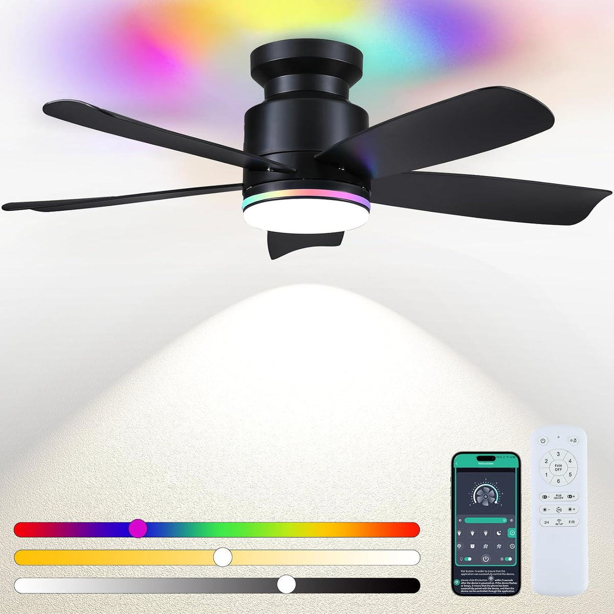 Wiviniya 41 In Flush Mount Ceiling Fans with RGB Lights Remote/APP, Black