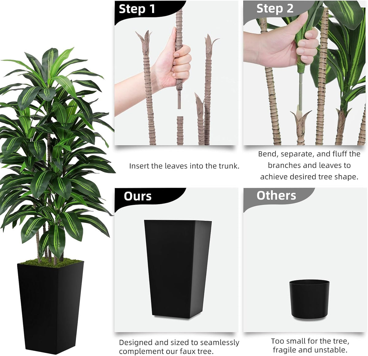 Artificial Plant 5FT Dracaena Fake Tree with Black Tall Planter