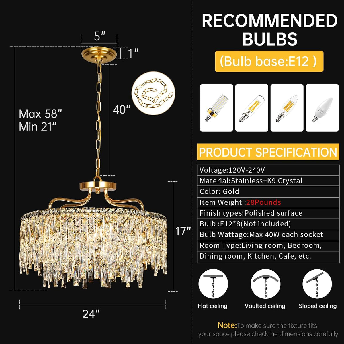 24" 8 Lights Gold Crystal Chandeliers for Dining Room Light Fixture