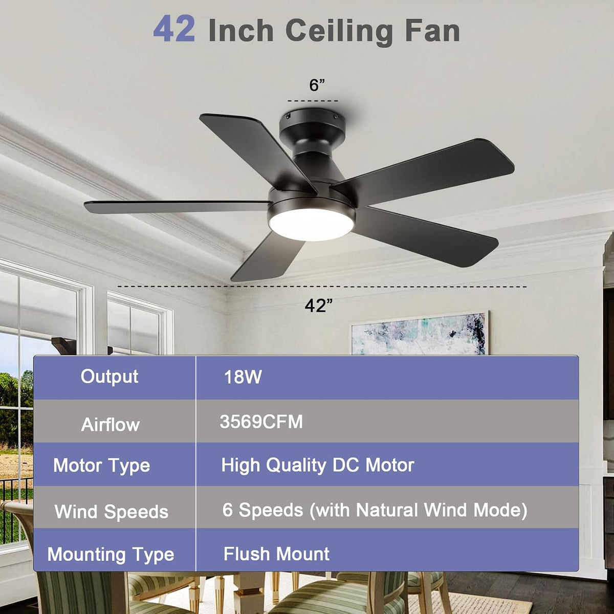 42inch 5-Blade Ceiling Fan Light, Recessed Mount with Remote Control, Black