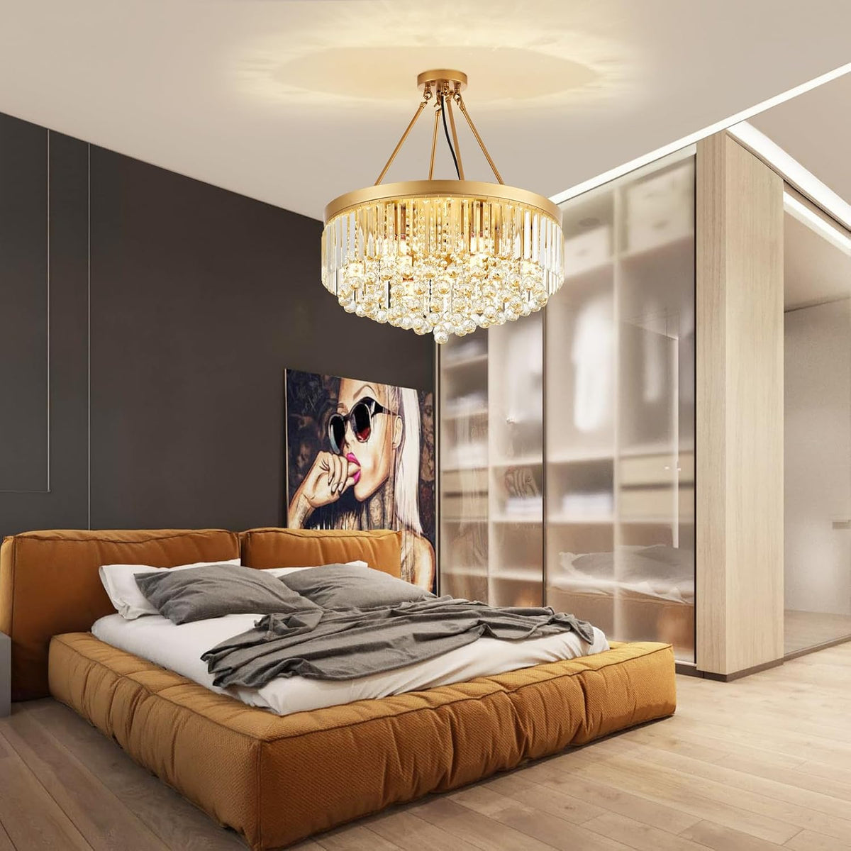 9-Light Gold Crystal Chandelier Contemporary 22'' Modern Semi Flush M...