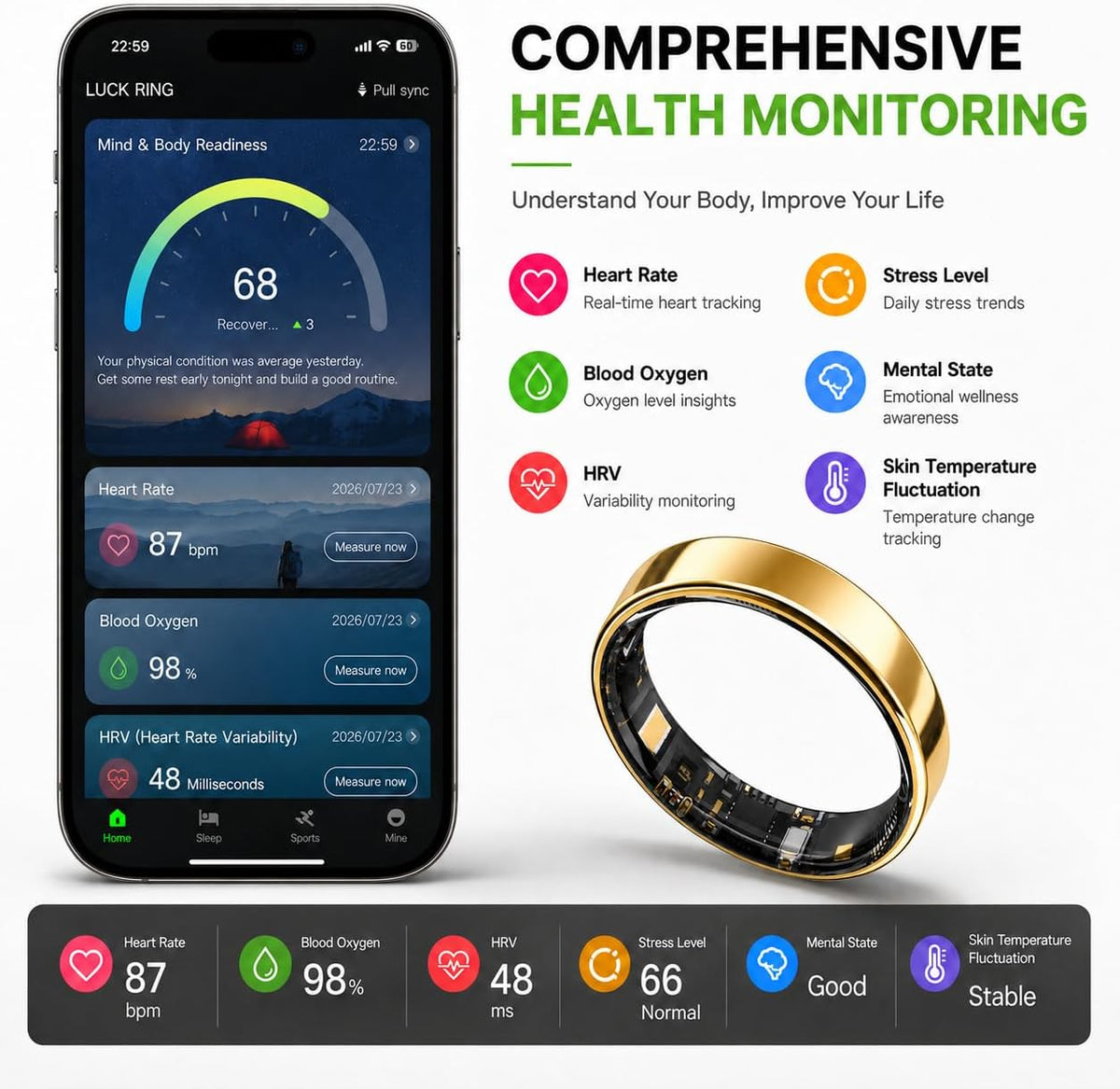Slim Ultra Thin Smart Ring, Health & Sleep Tracker, Gold 12