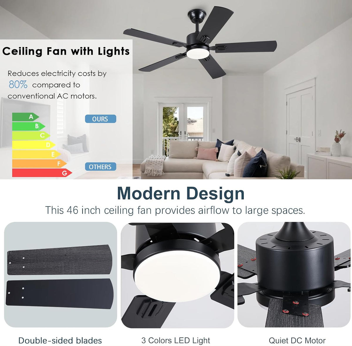 FUMLTP 46inch Modern Ceiling Fans with Lights APP/Remote Control, Black