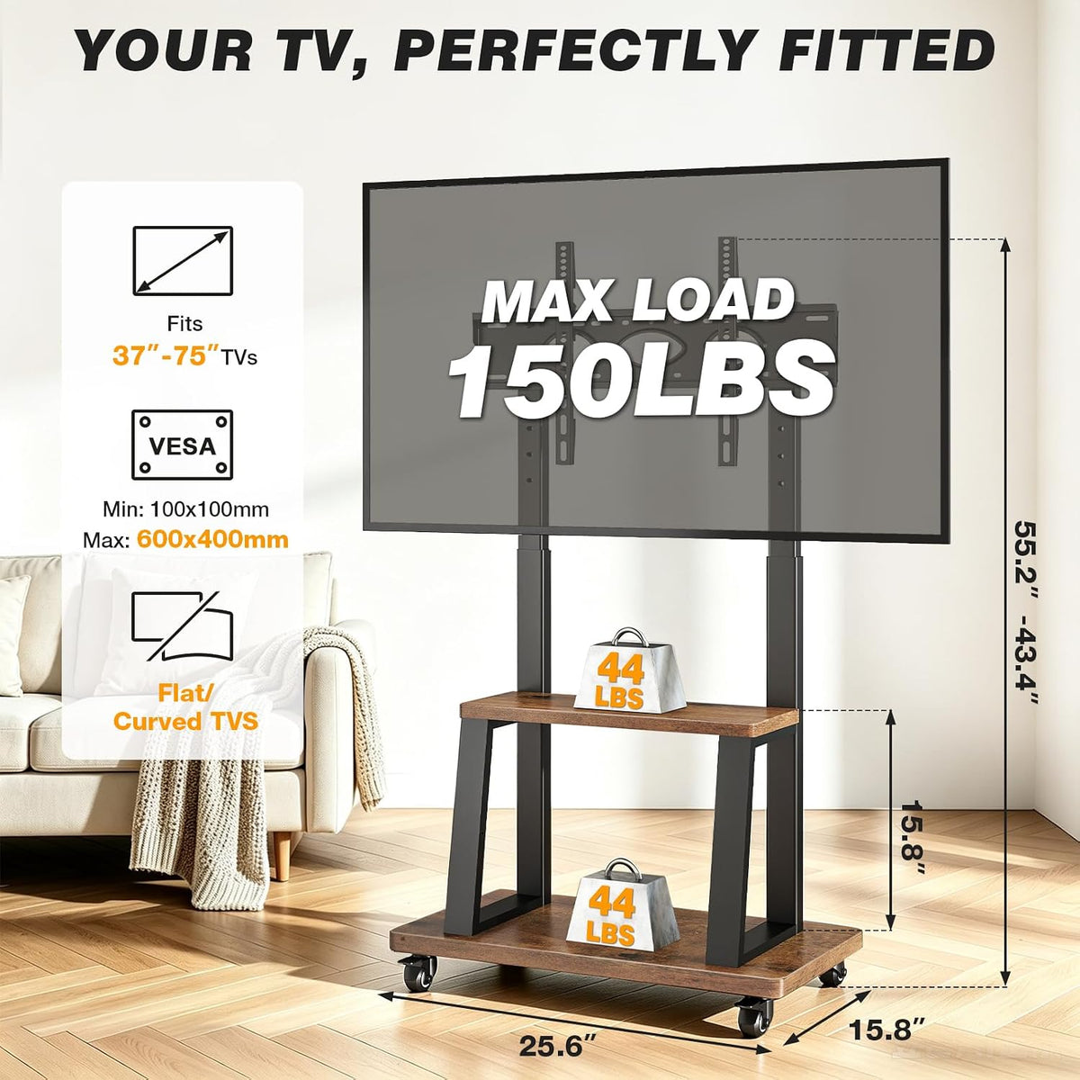 Mobile TV Cart for 37"-75" TVs, Heavy Duty Rolling Stand with Wheels