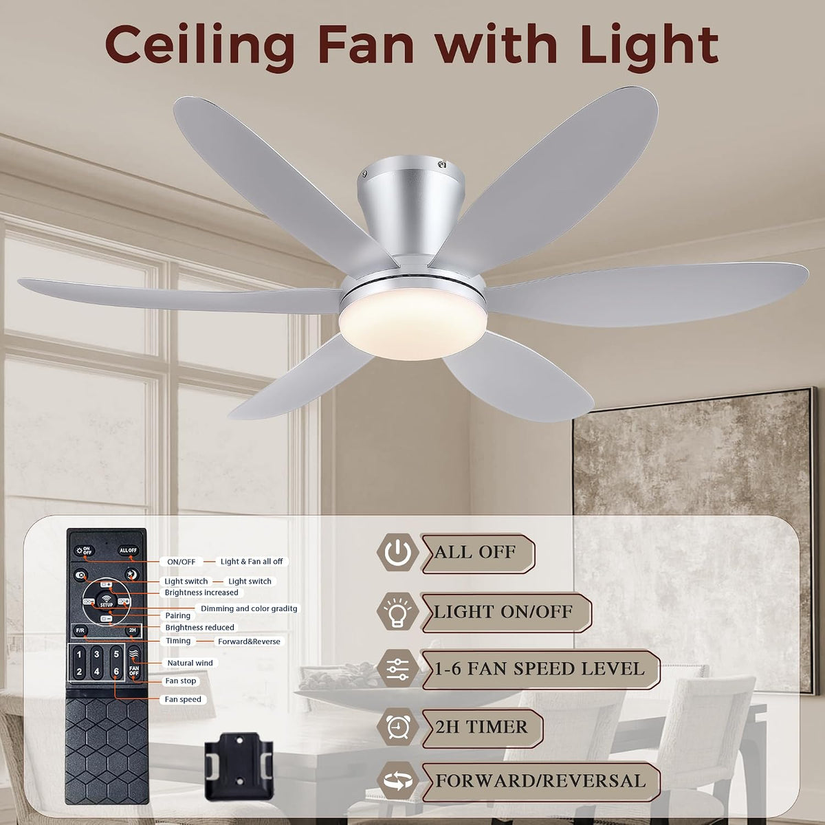 GJeg Ceiling Fans with Lights,42" Low Profile Ceiling Fan (Silver)