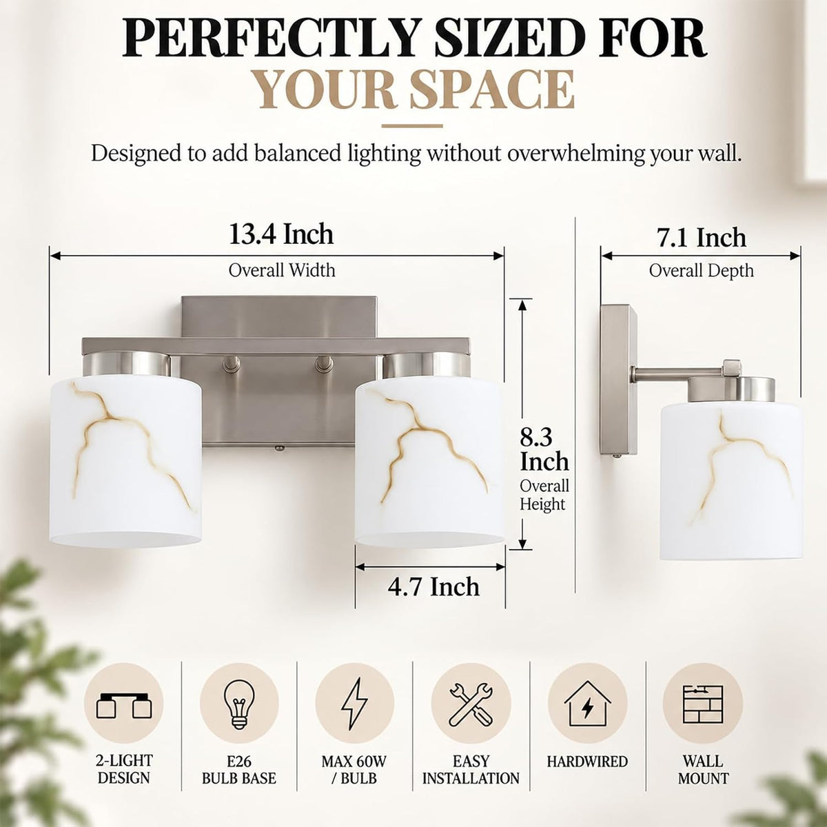 2-Light Brushed Nickel Bathroom Vanity Light, Frosted Marble-Look Glass