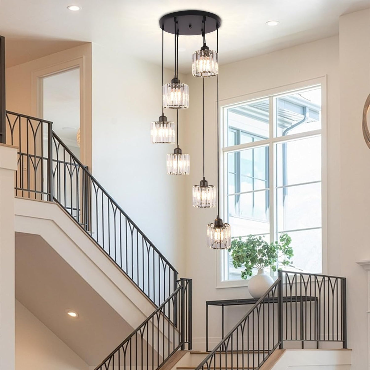 6-Light Crystal Raindrop Chandelier, Black, for High Ceilings