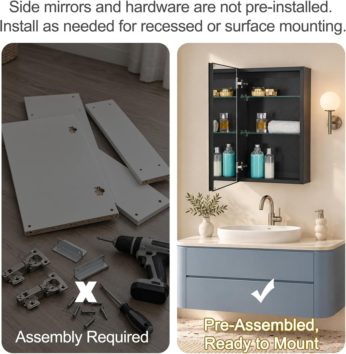 14 x 24 Black Aluminum Medicine Cabinet with Mirror, Recessed/Surface Mount