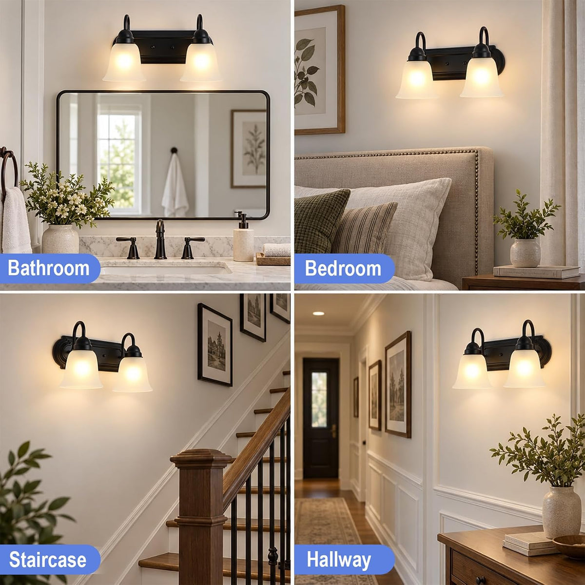 2-Light Bathroom Vanity Light, Black Wall Light with Frosted Glass Shades