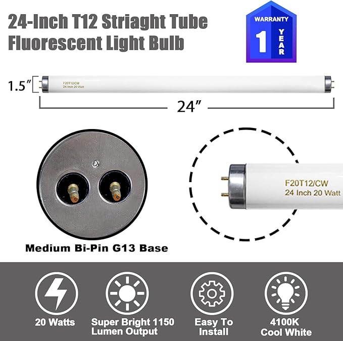 24 Inch T12 Fluorescent Tube Light Bulb 20 Watt Cool White, F20T12/CW 4100K (...