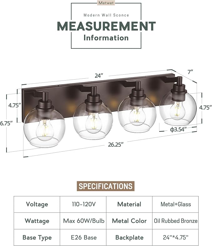 METWET Bathroom Light Fixtures Over Mirror, 4-Light Oil Rubbed Bronze Bathroom