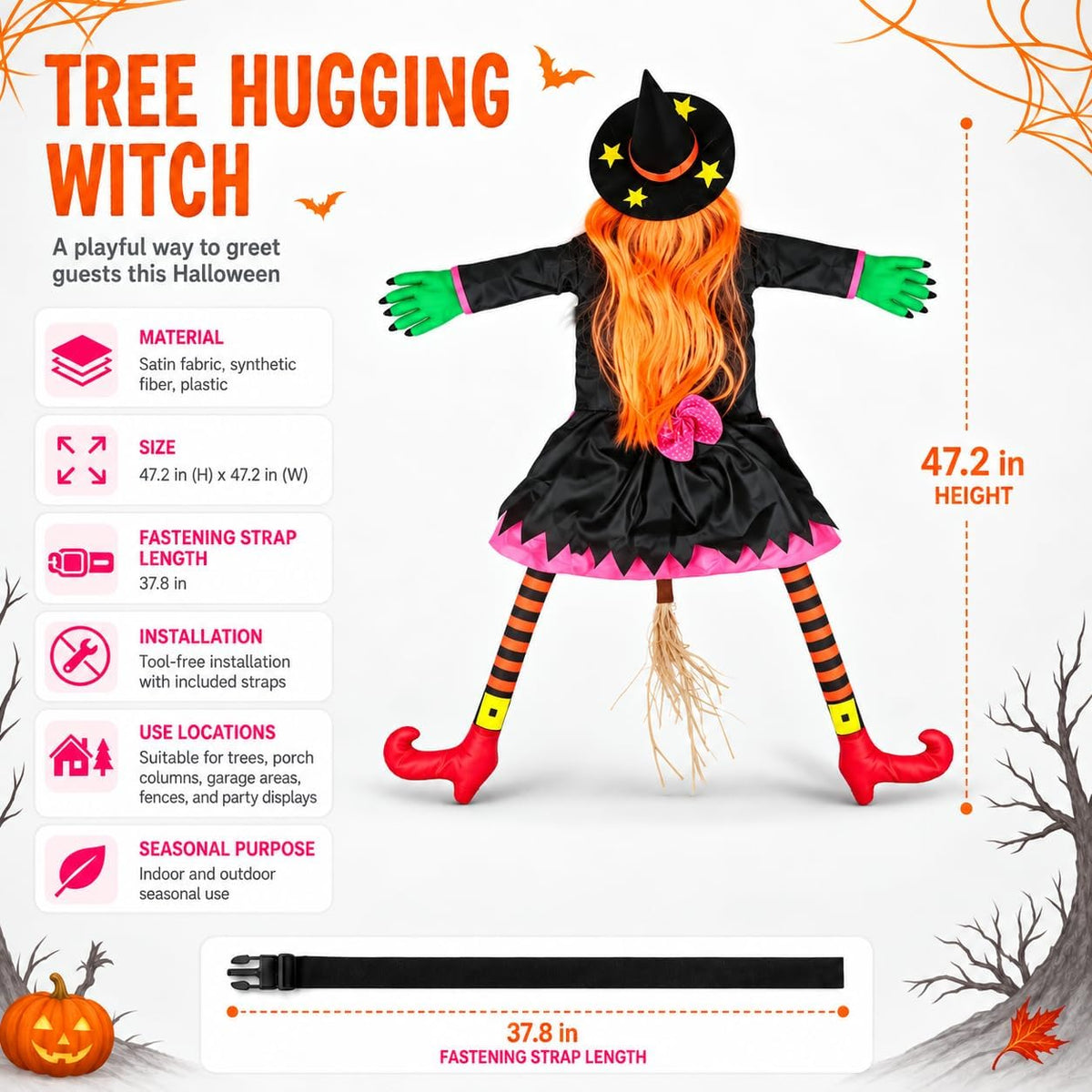 Halloween Decoration Outdoor, Tree Hugging Witch with Orange Hair
