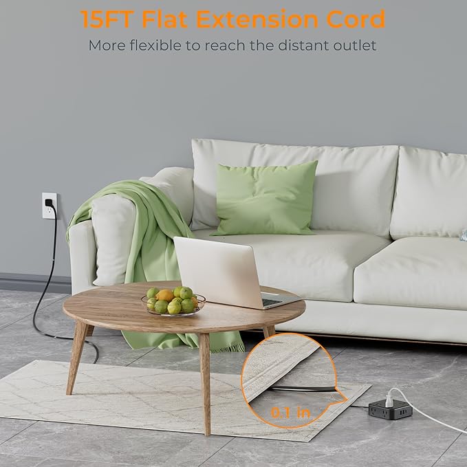 15 FT Extension Cord, TESSAN Ultra Thin Flat Plug Power Strip Surge Protector