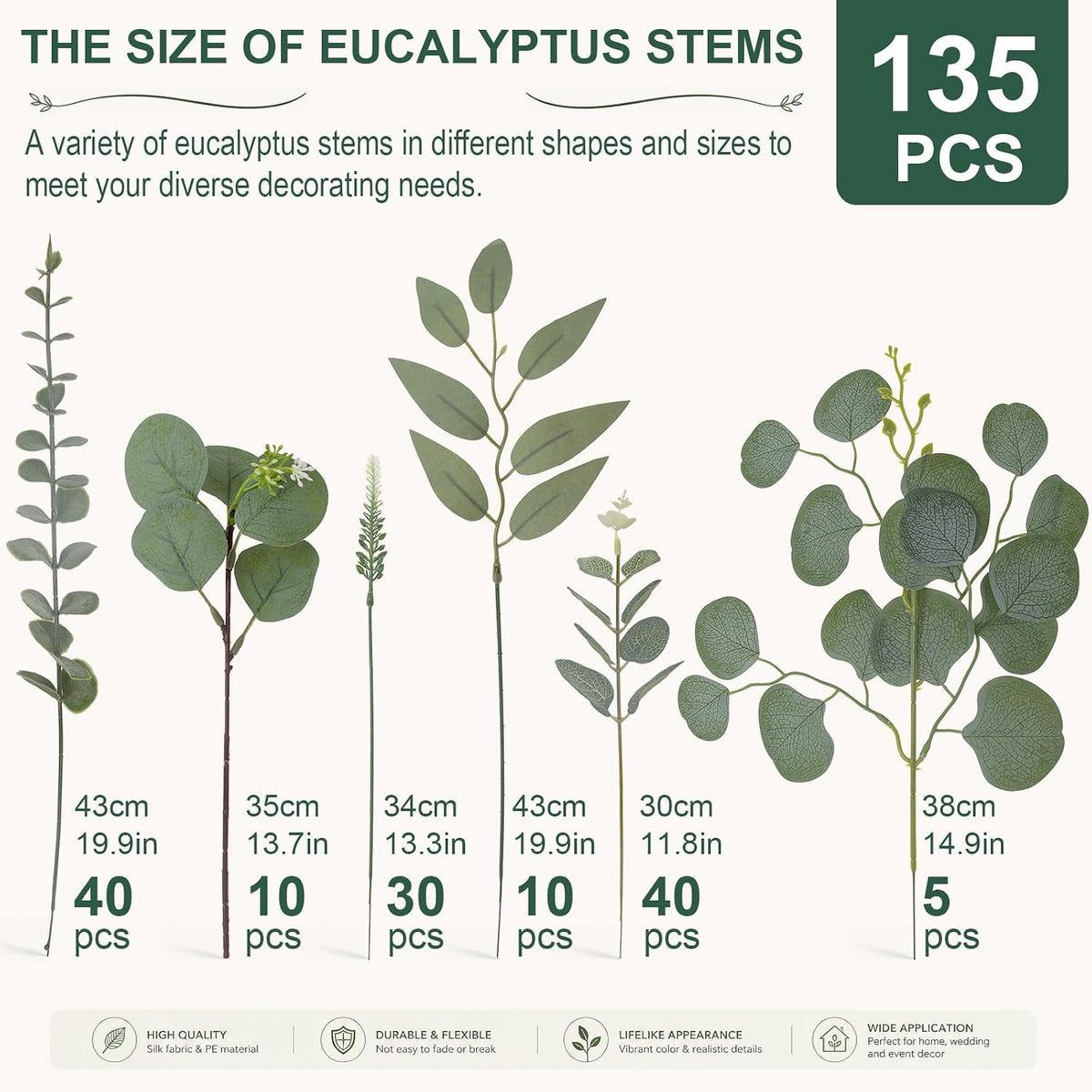 135 Pcs Artificial Eucalyptus Stems, Mixed Greenery Stems for Decor