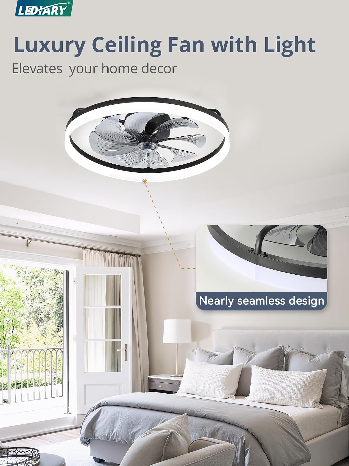 LEDIARY 23" Low Profile Ceiling Fans with Lights, APP & Remote, Black