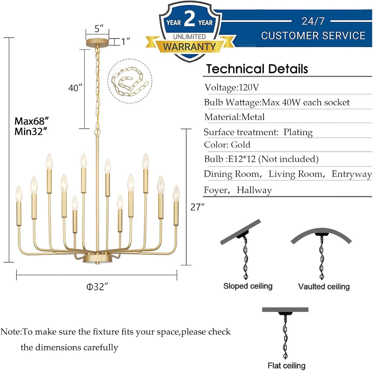 Gold Chandeliers for Dining Room Light Fixture，D32 Inch