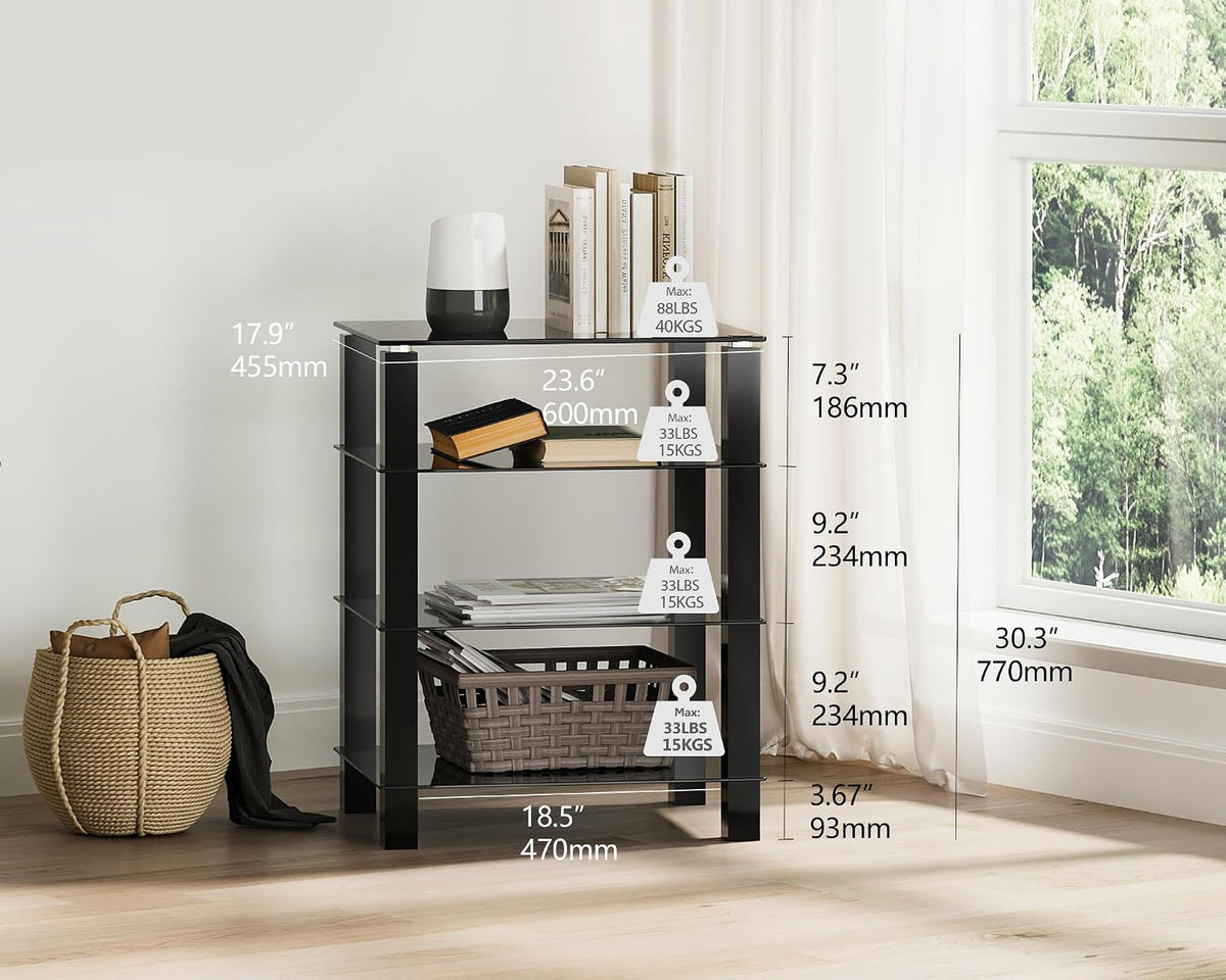 FITUEYES 4-Tier Media Stand Audio with Tempered Glass Shelves, Black