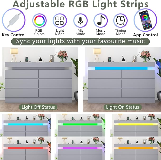6 Drawer Dresser with Power Outlet, Dresser with LED Light, Modern Chest of