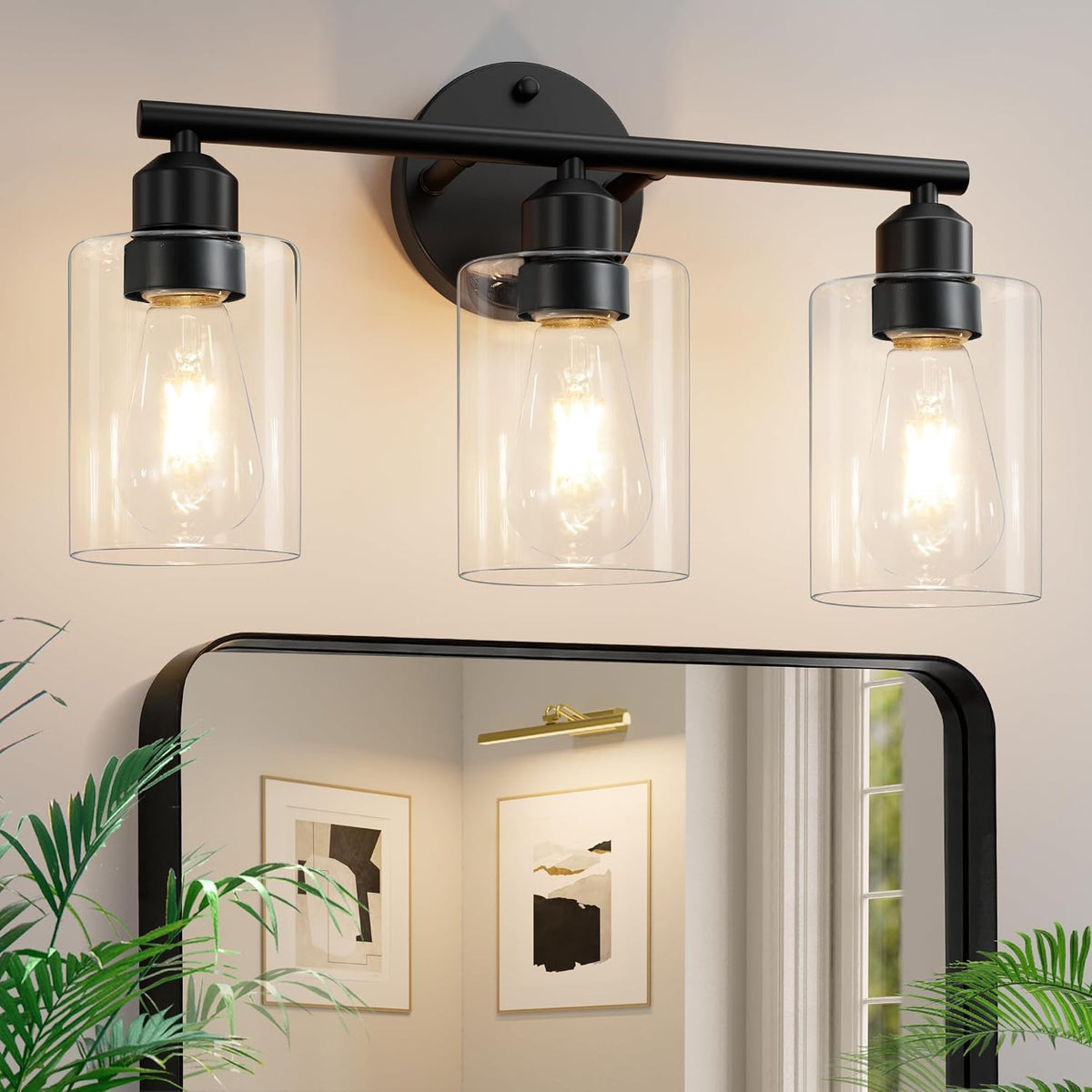 3-Light Black Modern Bathroom Vanity Light Fixtures, 17.3"