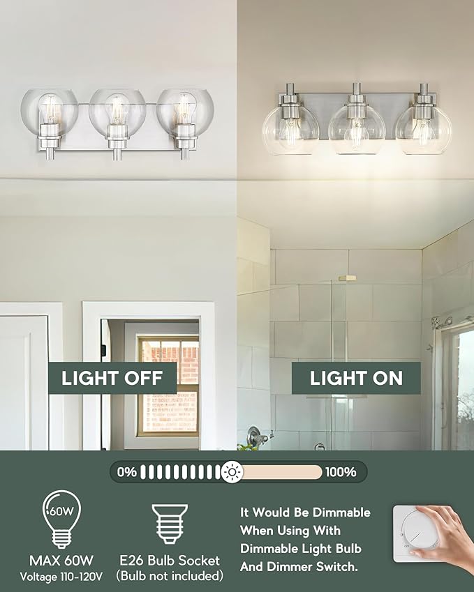 METWET Bathroom Light Fixtures, 3-Light Brushed Nickel Vanity Light, Modern
