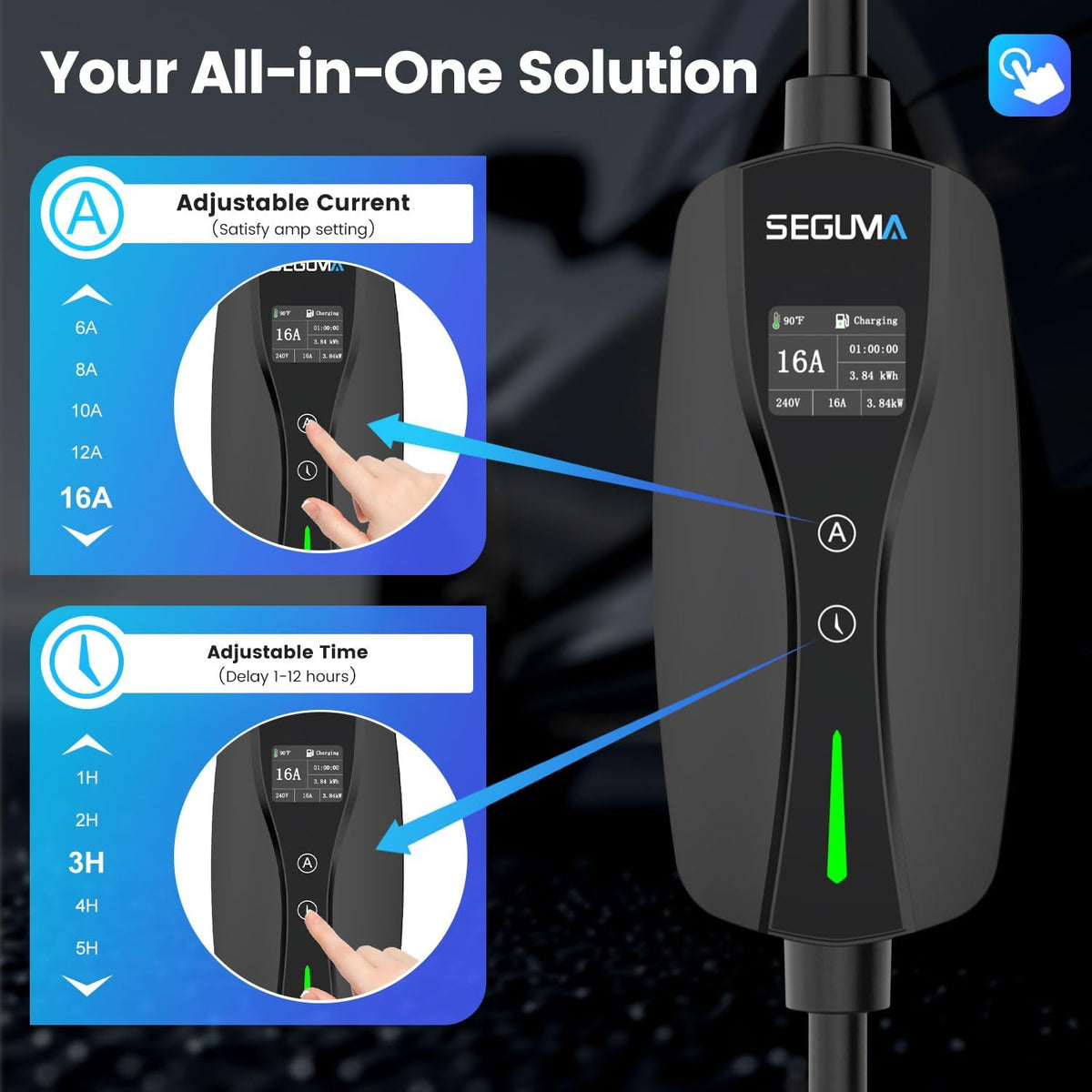 SEGUMA Level 1/2 EV Charger, 16Amp Adjustable Current for J1772 BEVs/PHEVs