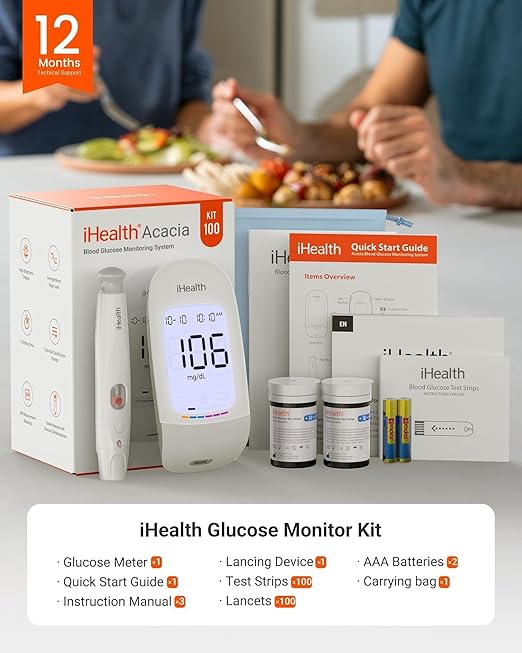 iHealth Acacia Blood Glucose Monitor Kit, 100 Glucometer Strips, 100 Lancets