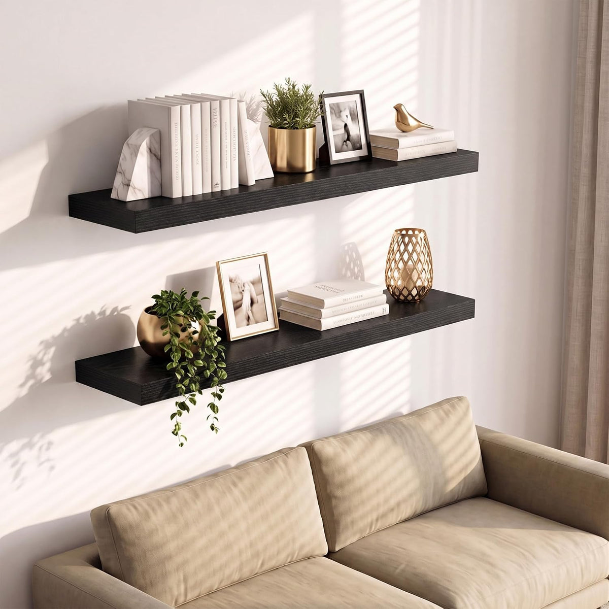 Vivelove 8 Inch Deep Floating Shelves Black, 16 x 8, Set of 2