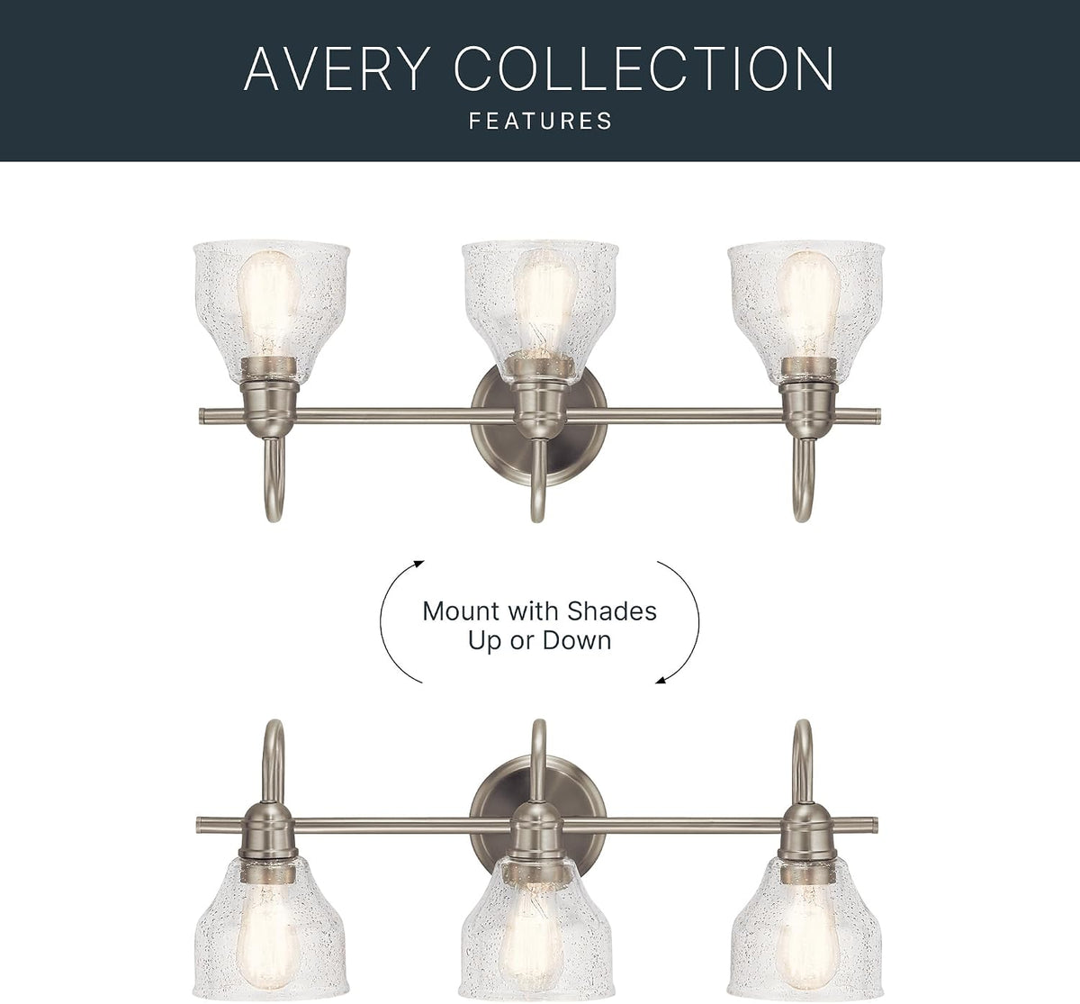 Kichler Avery 3-Light Farmhouse Vanity Light, Brushed Nickel