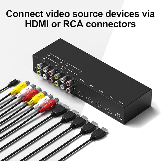 8 in to 1 Out RCA/HDMI Switcher，4 Way HDMI 2.0 + 4 RCA to HDMI
