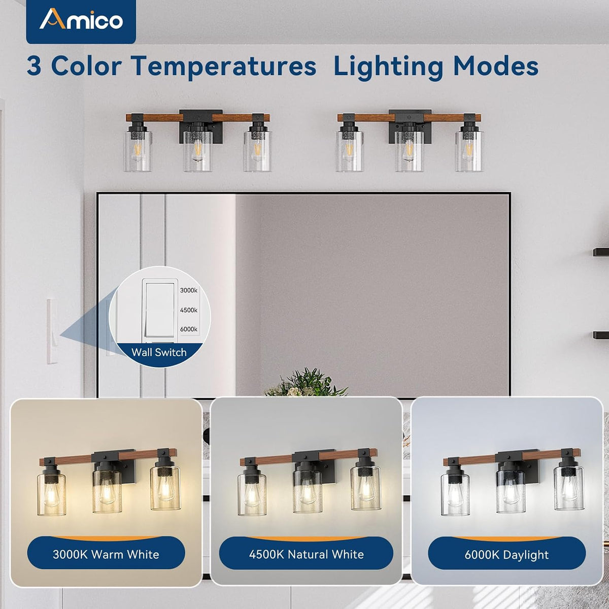 Amico 3-Light Farmhouse Bathroom Vanity Light, Seeded Glass, Black & Wood