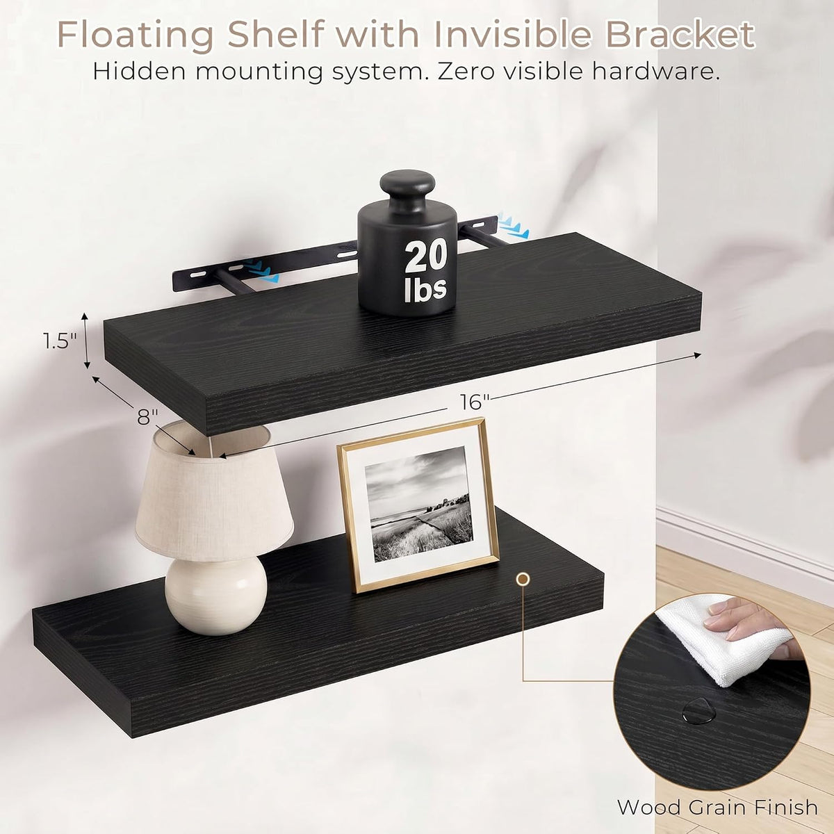 Vivelove 8 Inch Deep Floating Shelves Black, 16 x 8, Set of 2